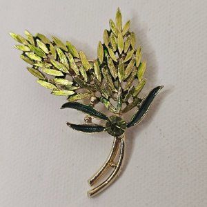 Green Gold Tone Leaves Rhinestone Brooch Pin Not Marked